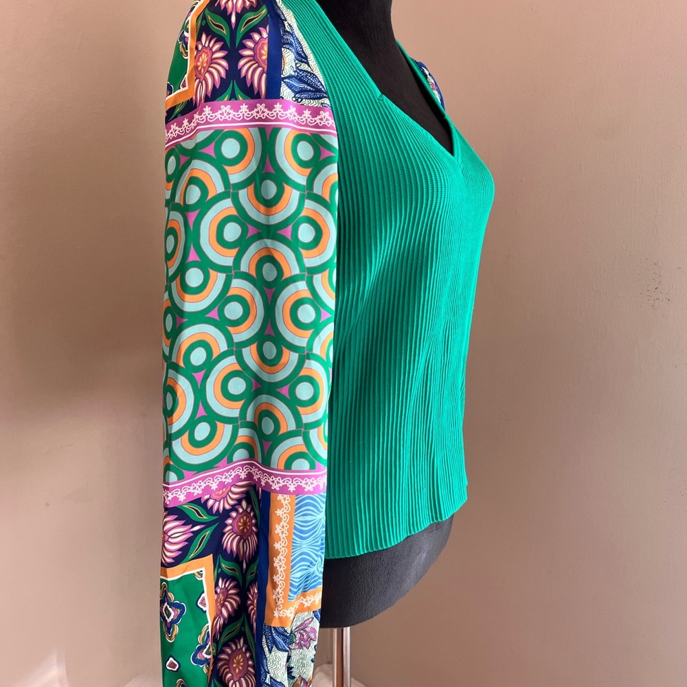 Bailey 44 Green Ribbed Knit Boho Satin Ballon Sleeves Top sz XL - Picture 5 of 12